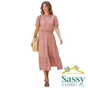 MONTEAU Red Floral Smocked Midi Dress L EUC V Neck Tiered Flutter Sleeve
